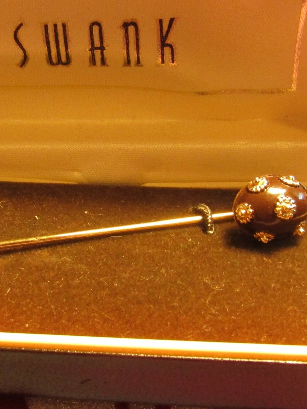 Vintage in SWANK Box 1950s/60s STICK PIN Chocolate Brown Enamel Goldtone Flowers